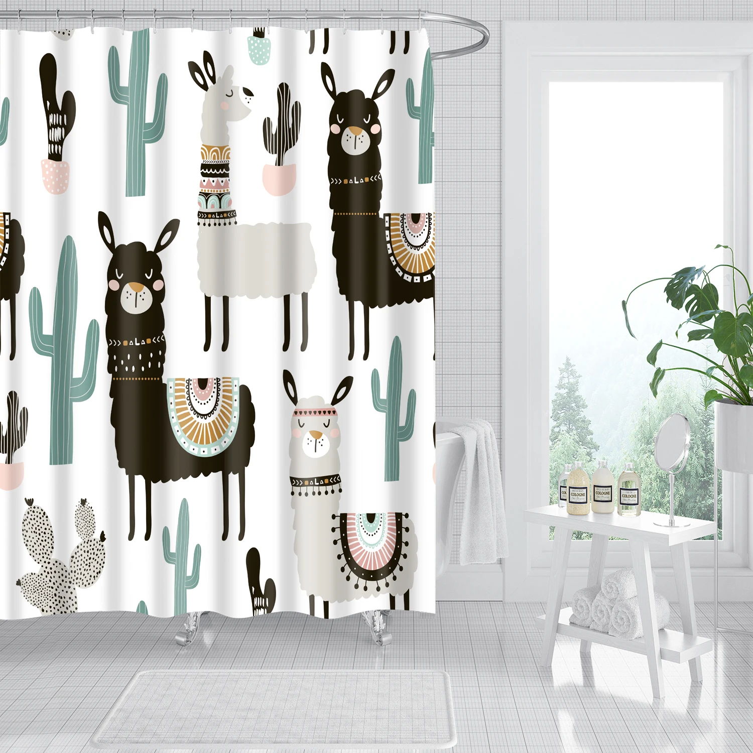 

Alpaca Pattern Shower Curtain Waterproof Polyester Fabric Cute Cartoon Splicing Home Decor Curtains