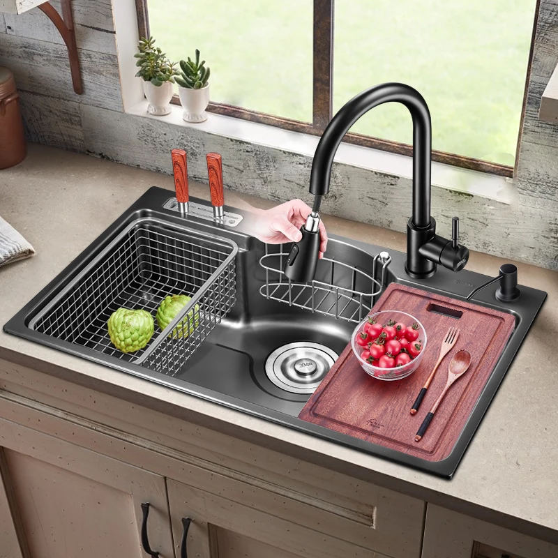 

78*48cm black nano sink large single sink kitchen 304 stainless steel dishwasher sink multifunctional undercounter sink