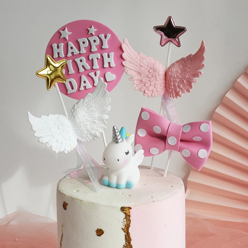 

Cute Angel Wings Stars With Ribbon Cake Topper For Baby Girls Children Birthday Party Cake Decoration