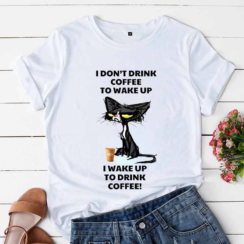 

Black Cat Anime Cartoon Women T-Shirts Trend Casual Tee Clothing I Dont Drink Coffee To Wake Up Funny Tops Female Short Sleeve