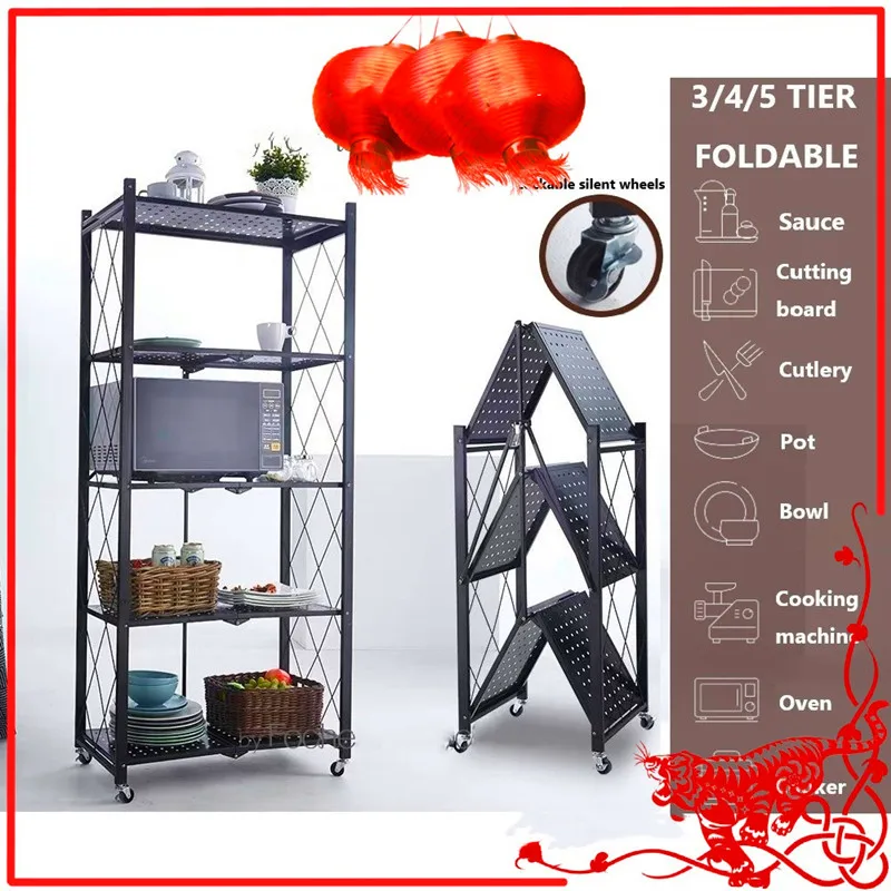 Foldable Rack with Wheel Carbon Steel Foldable Rack 5 Tier for Kitchen Living Room Office Pantry Installation-free Folding