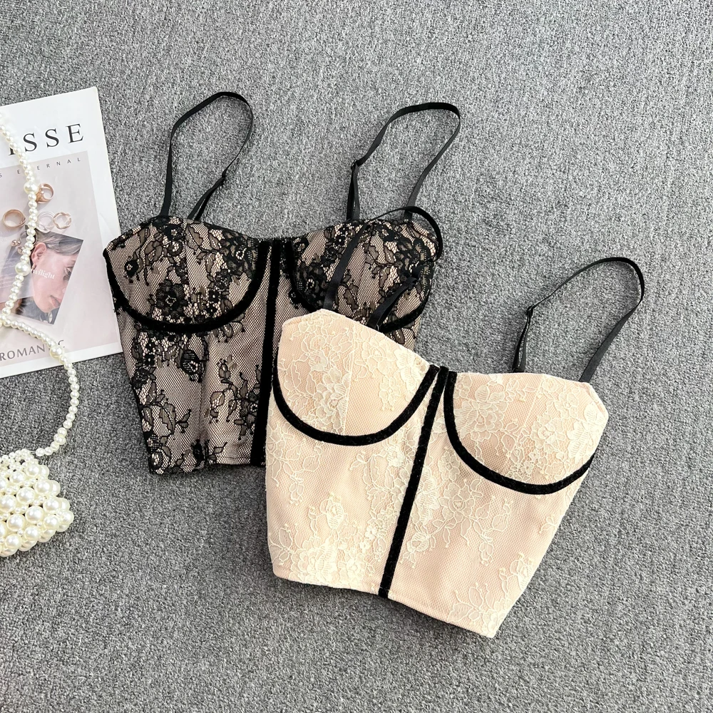 

Chic Lace Corset Bustier Vintage Sexy Camisole Korean Fashion Tank Top Basic Women Crop Top with Strap Summer Women Clothing Y2k