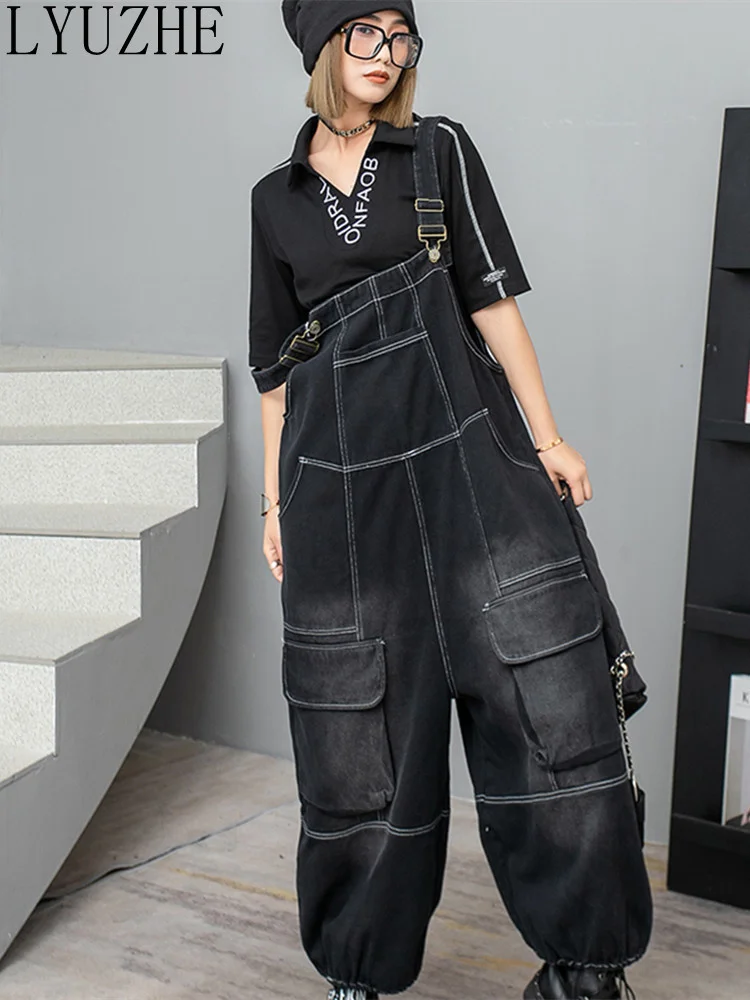 LYUZHE Fashion Loose High-waisted Skinny Denim Suspenders Women's 2023 Spring New Trend Wide Leg Jumpsuit Oberalls ZXF036