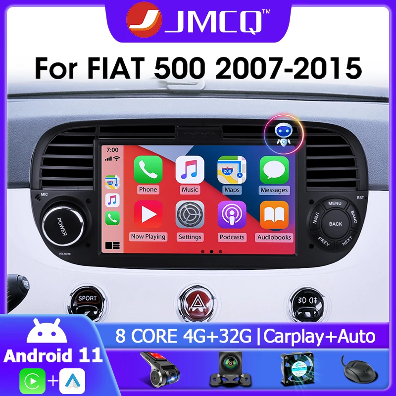 Автомобильный мультимедийный плеер JMCQ, 7 дюймов, Android 11, для FIAT 500 2007-2015, беспроводная Проводная автомобильная стереосистема Carplay, Bluetooth, GPS, DVD