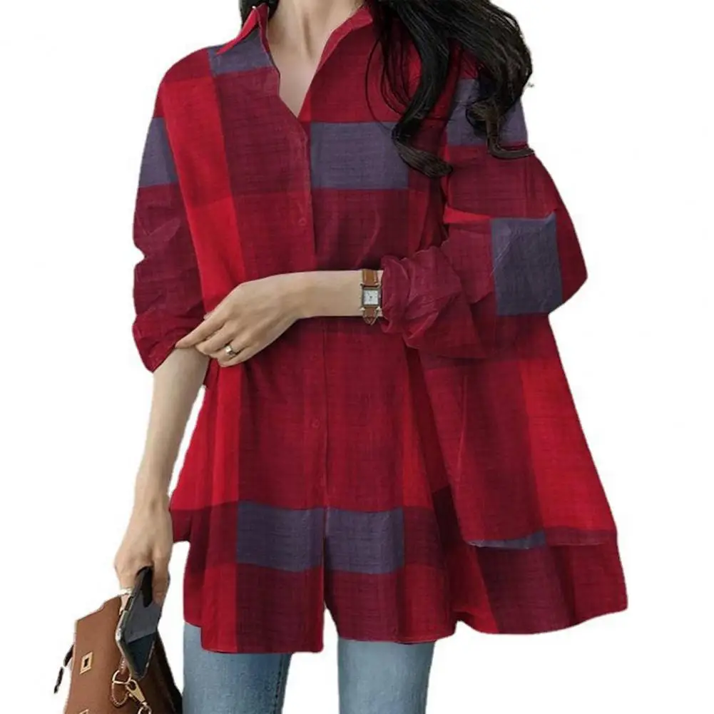 Plaid Print Top Stylish Colorblock Cardigan Trendy Women's Loose Spring/fall Shirt Blouse with Turn-down Collar Patchwork Design
