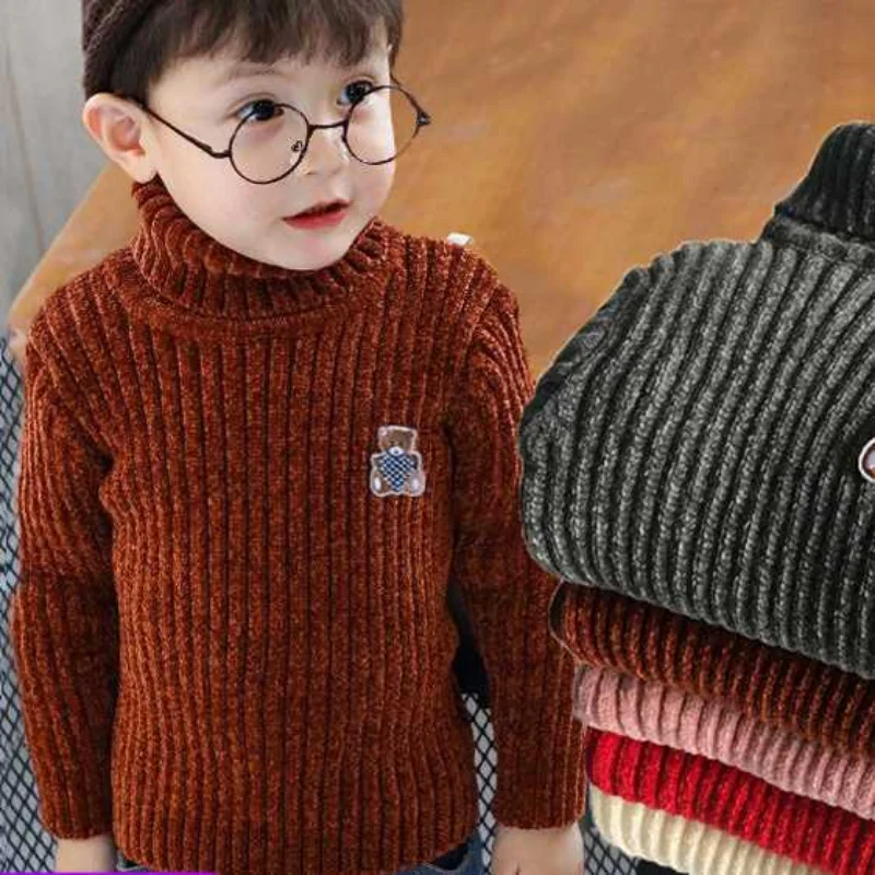 

Высококачественный свитер с медведем, чистая зимняя детская Толстая вязаная Водолазка для мальчиков и девочек, однотонный пуловер с высоки...