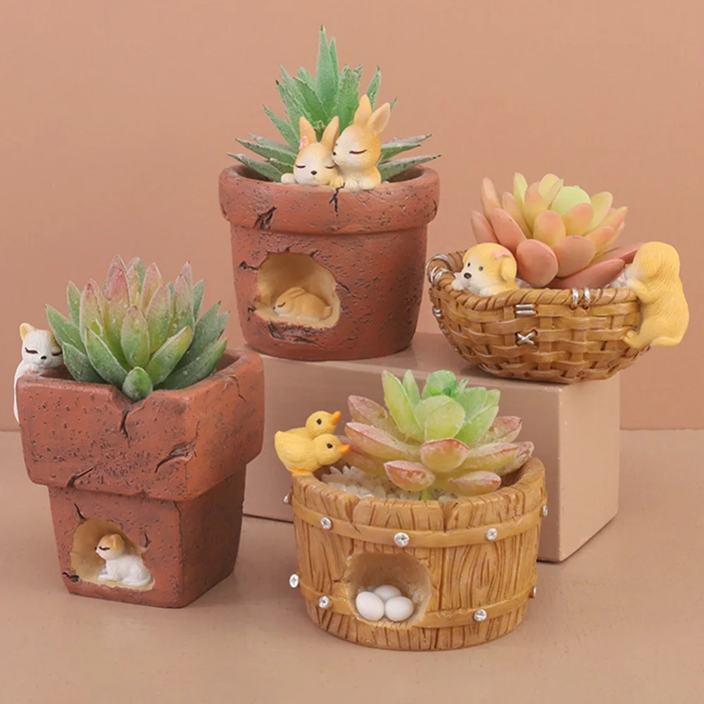 

Flowerpot Cartoon Cute Dog Cat Duck Rabbit Flower Pot Animal Storage Box Resin Micro Landscape Succulent Pots DIY Desktop Decor