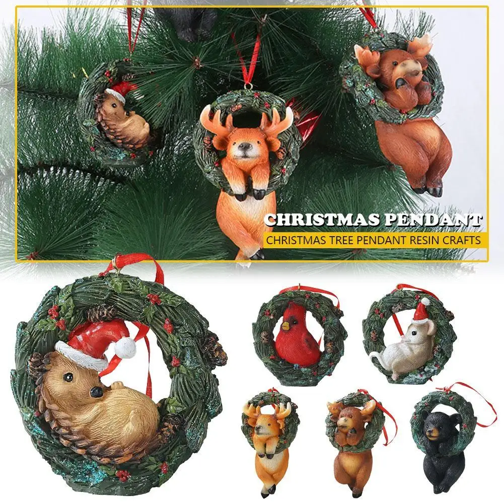 

Christmas Decorations Cute Cartoon Animals In Wreath Elk Bear Christmas Tree Pendant Resin Crafts Background Wall Hanging