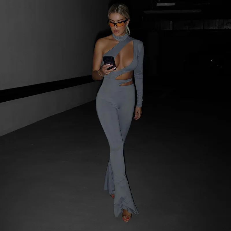 

Осенняя женская уличная одежда длиной до щиколотки с кристаллами, комбинезон из молочного шелка, облегающий цельный комбинезон с вырезом на одно плечо для девушек, комбинезон-клеш