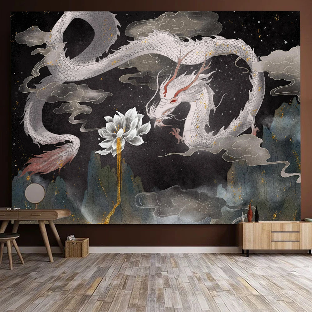 

Anime Dragon Lotus Tapestry Chinese Dragon Totem Wall Decoration Psychedelic Starry Sky Dragon Tapestries Home Decoration