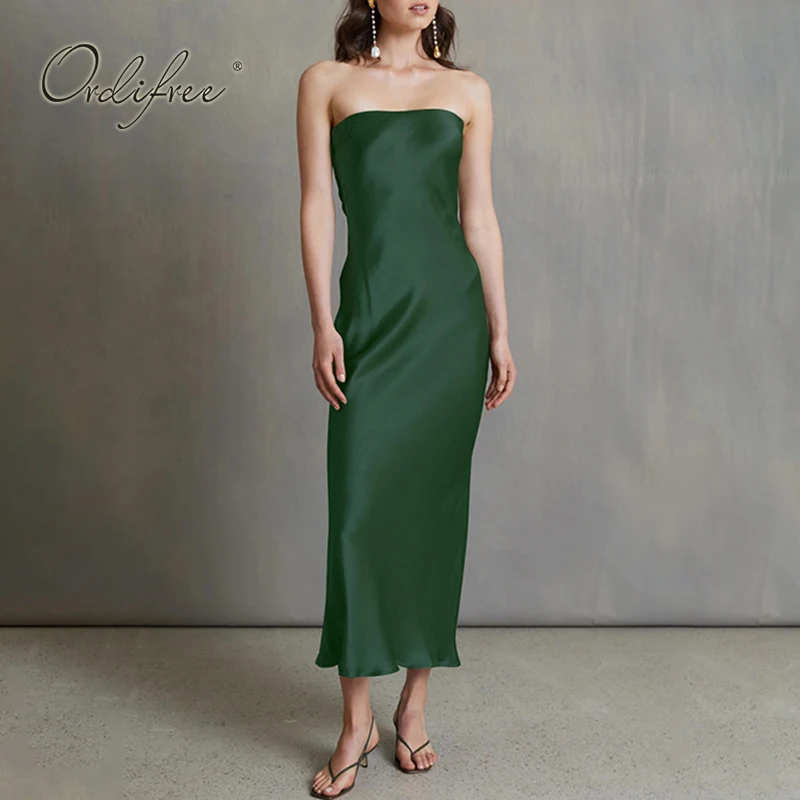 Женское атласное платье без рукавов Ordifree синее Зеленое Шелковое длинное