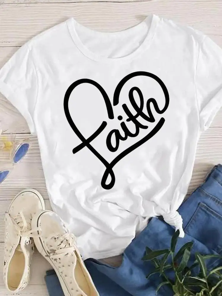 

Clothes Fashion Casual Ladies Women Print Female Clothing Short Sleeve Faith Love Heart Trend 90s T-shirts Summer T Graphic Tee