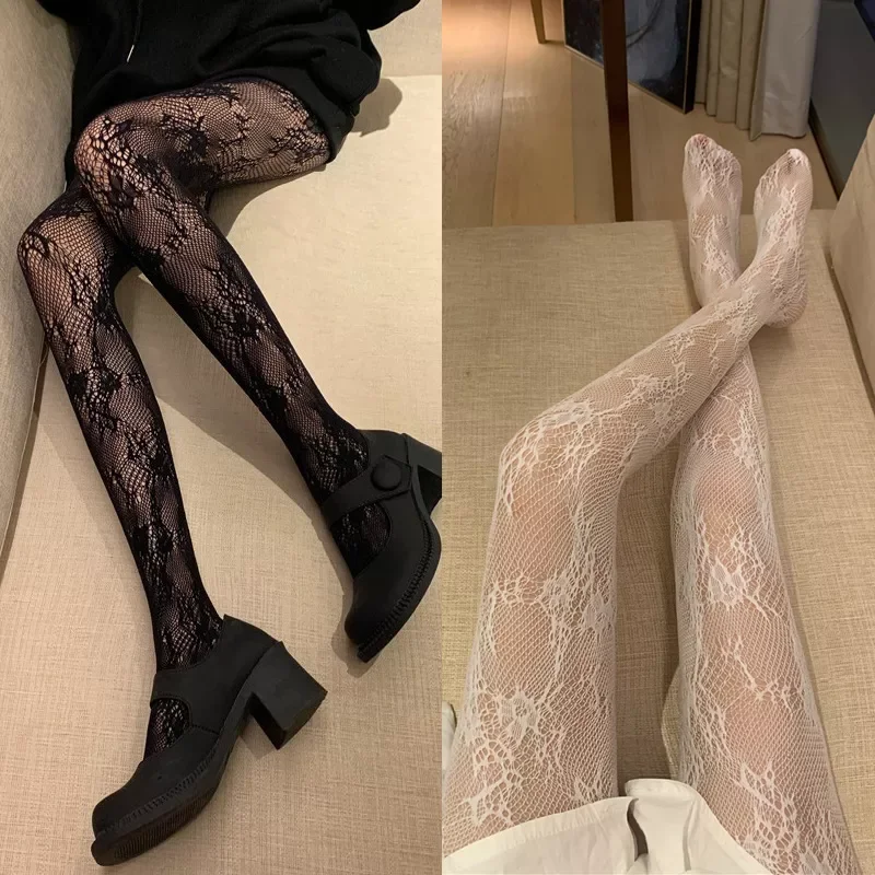 Lolita Black White Hollow Out Floral Lace Fishnet Stockings Pantyhose Kawaii Gothic Sexy Tights Stockings Free Shipping