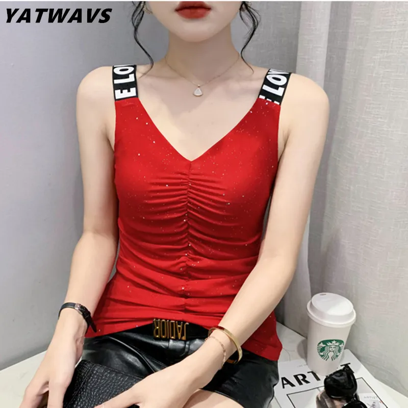 

New Summer Sleeveless Women Tank Tops Fashion Casual V-Neck Spaghetti Strap Camisole Female T-Shirt Chic Pleated Mesh Tees