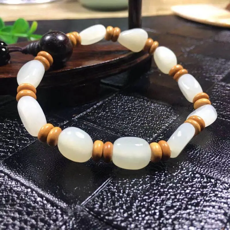 

Natural Stone Bracelet Jade Jewelry Men Women Real Chinese Hetian White Jades Original Stones Beads Elastic Beaded Bracelets