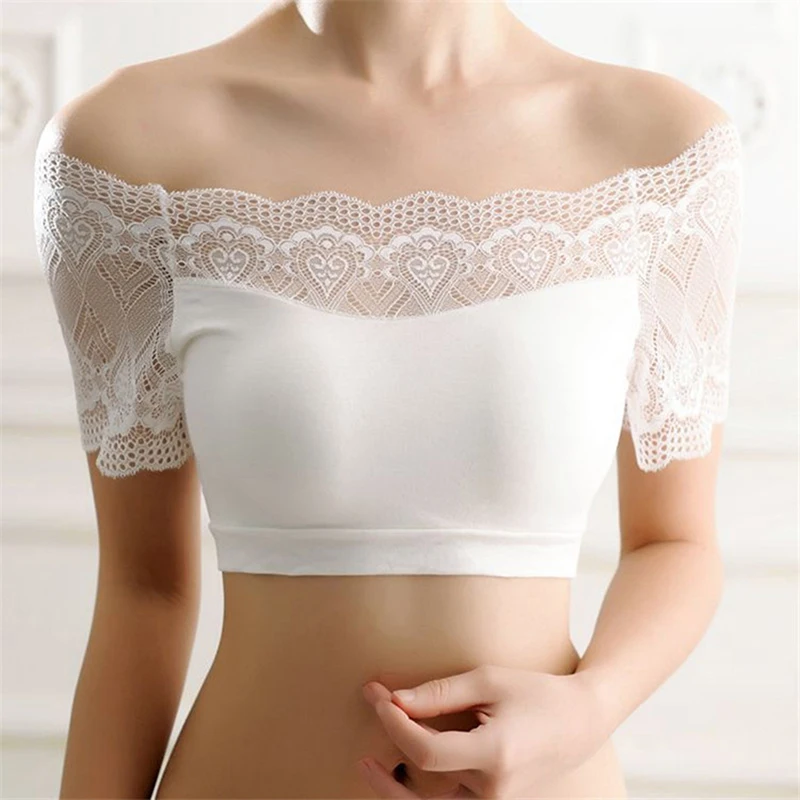 

Women Girls Seamless Tube Top Slash Neck Sexy Lace Chest Strapless Women Intimates Bra Tops Black White Color AQ938623