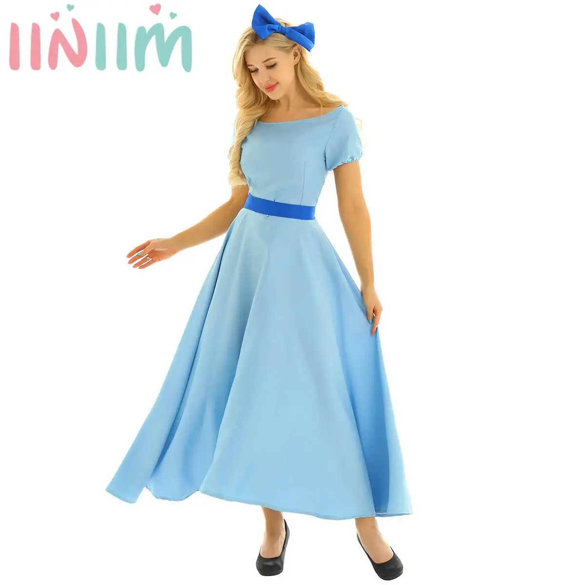 

Women Halloween Princess Cosplay Costume Boat Neck Short Puff Sleeves Party Fancy Maxi Dress Bownot Birthday Pageant Prom Gowns