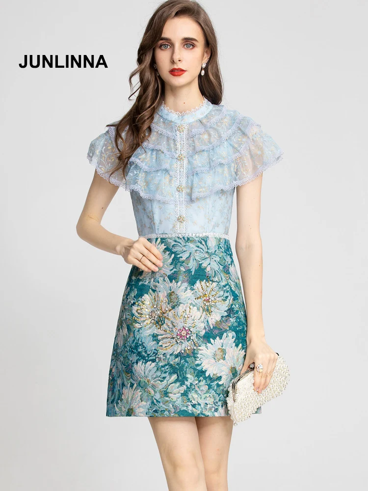 

JUNLINNA Lace Jacquard Patchwork Women Dress 2022 Summer New Ruffles Printed Sequins Beading Elegant Princess Vestidos