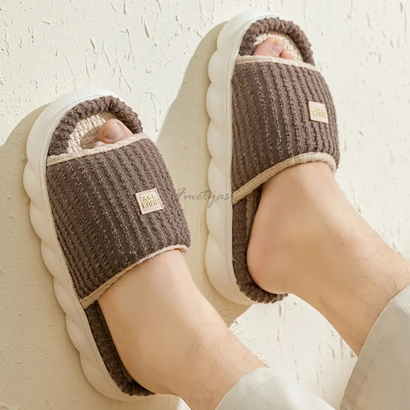 Casual Women Home Slippers Flax Solid Striped House Slippers Non-Slip Female Indoor Platform Shoes for Woman Bedroom Slippers