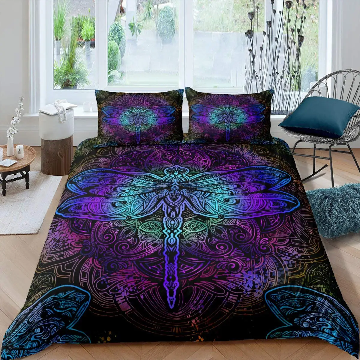 

Bohemian Dragonfly Duvet Cover Set King Size Mandala Paisley Bedding Set Purple Tie Dye Iridescent Hippie Polyester Quilt Cover
