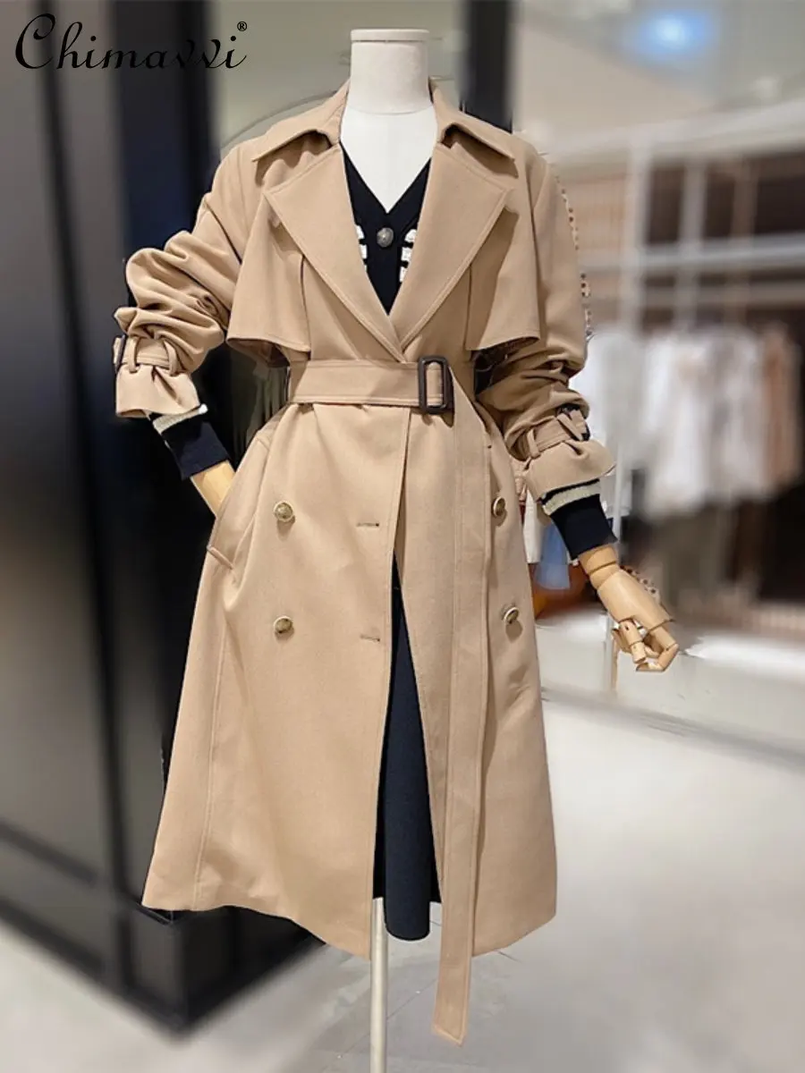 

Fashion High-end Khaki Mid-Length Trench Coat for Women 2022 Autumn Winter New Loose Temperament British Style Long Jacket