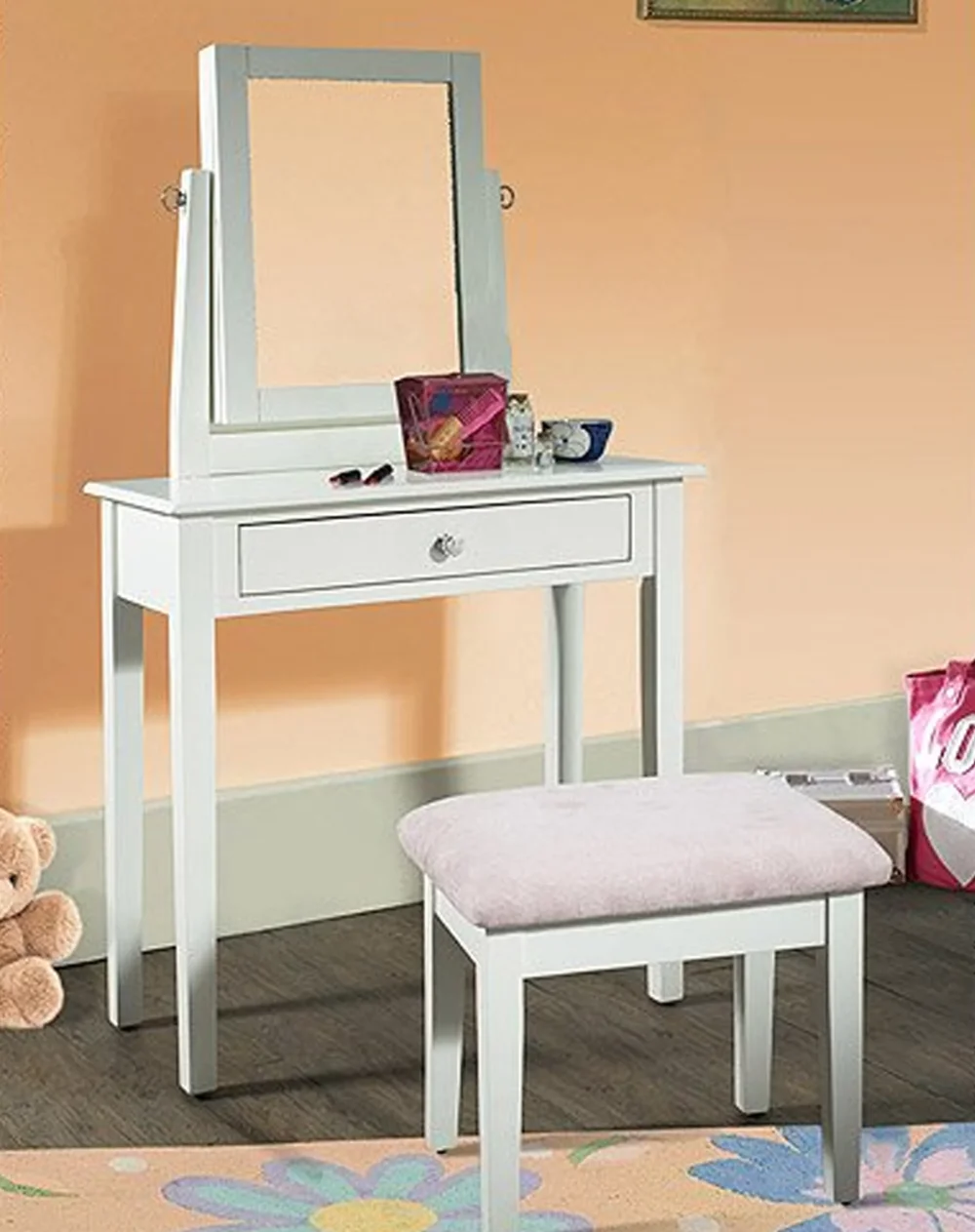 

Vera Youth Vanity, Bench, and Mirror Set with Jewelry Storage, White