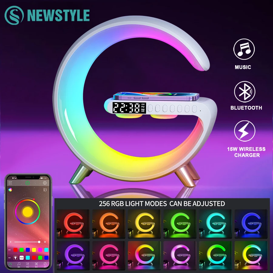 

Настольная лампа RGB, светодиодный ночник для пробуждения, умный атмосферный свет, многофункциональное беспроводное зарядное устройство, будильник, Bluetooth, управление через приложение