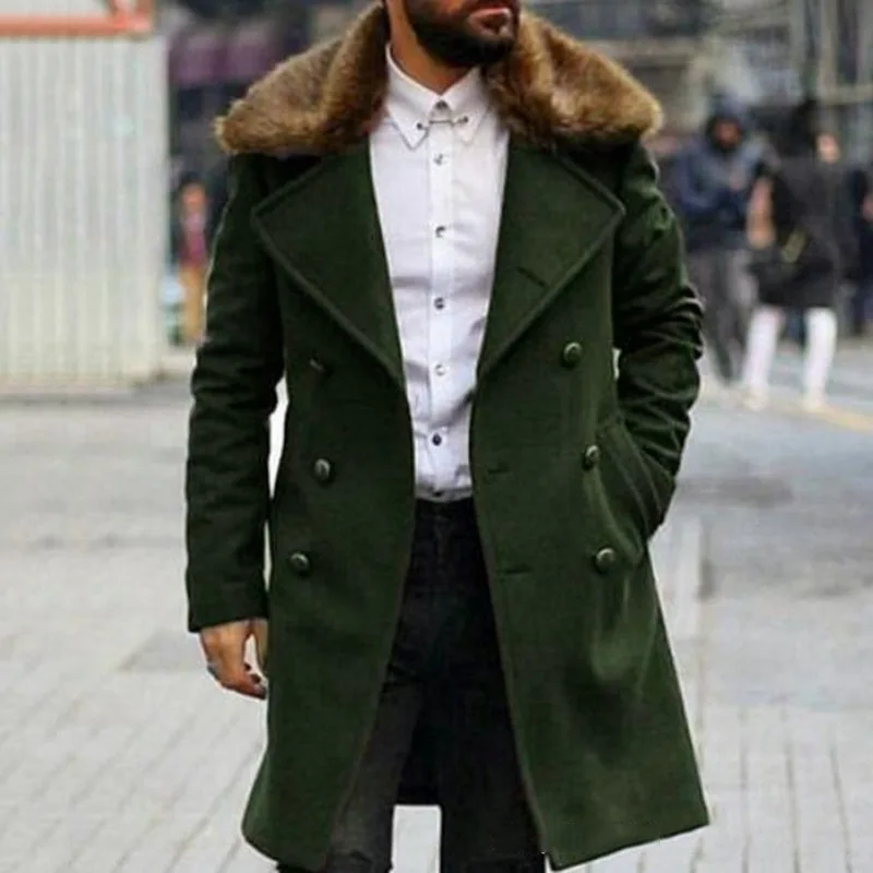 

New Winter Men's Fashion Laple Collar Long Sleeve Coat Double Button Windbreaker Long Solid Color Casual Cardigan Coat Clothing