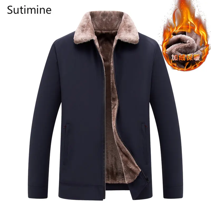 Coat Men Winter Turn-down Collar  Zipper Men's Cashmere Thickened Warm Cotton Padded Clothes Pockets Casual Winter Coat Men