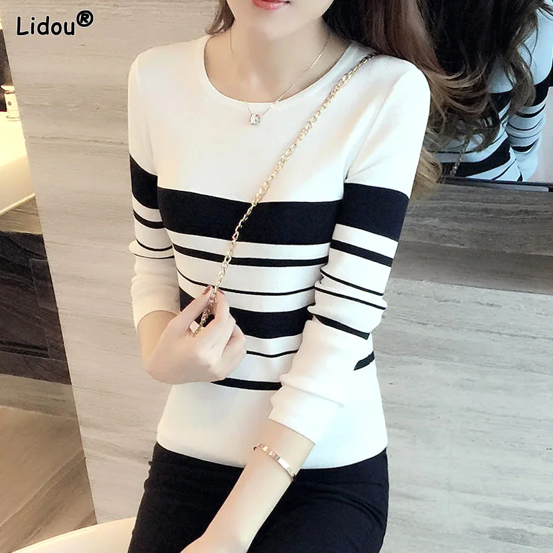 

Skinny Round Neck Solid Striped Patchwork Casual Bottoming Pullovers Simplicity Women's Clothing Temperament Thin Autumn Winter