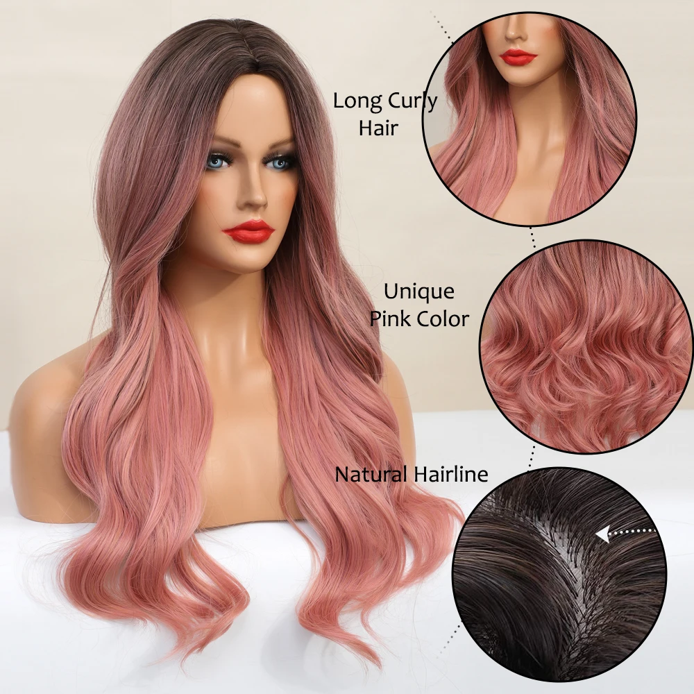 U.SHINE Ombre Brown Mixed Pink Blonde Long Synthetic Wave Wigs for Women Heat Resistant Colorful Fiber Cosplay Lolita Wigs