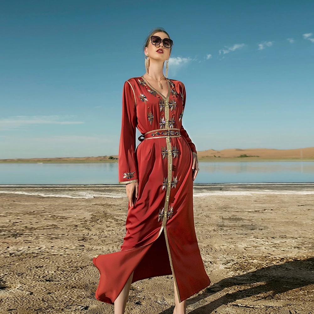 Ramadan Eid Mubarak Orange Abaya Dubai Turkey Islamic Arabic Muslim Long Party Evening Dresses For Women Robe De Soiree Femme