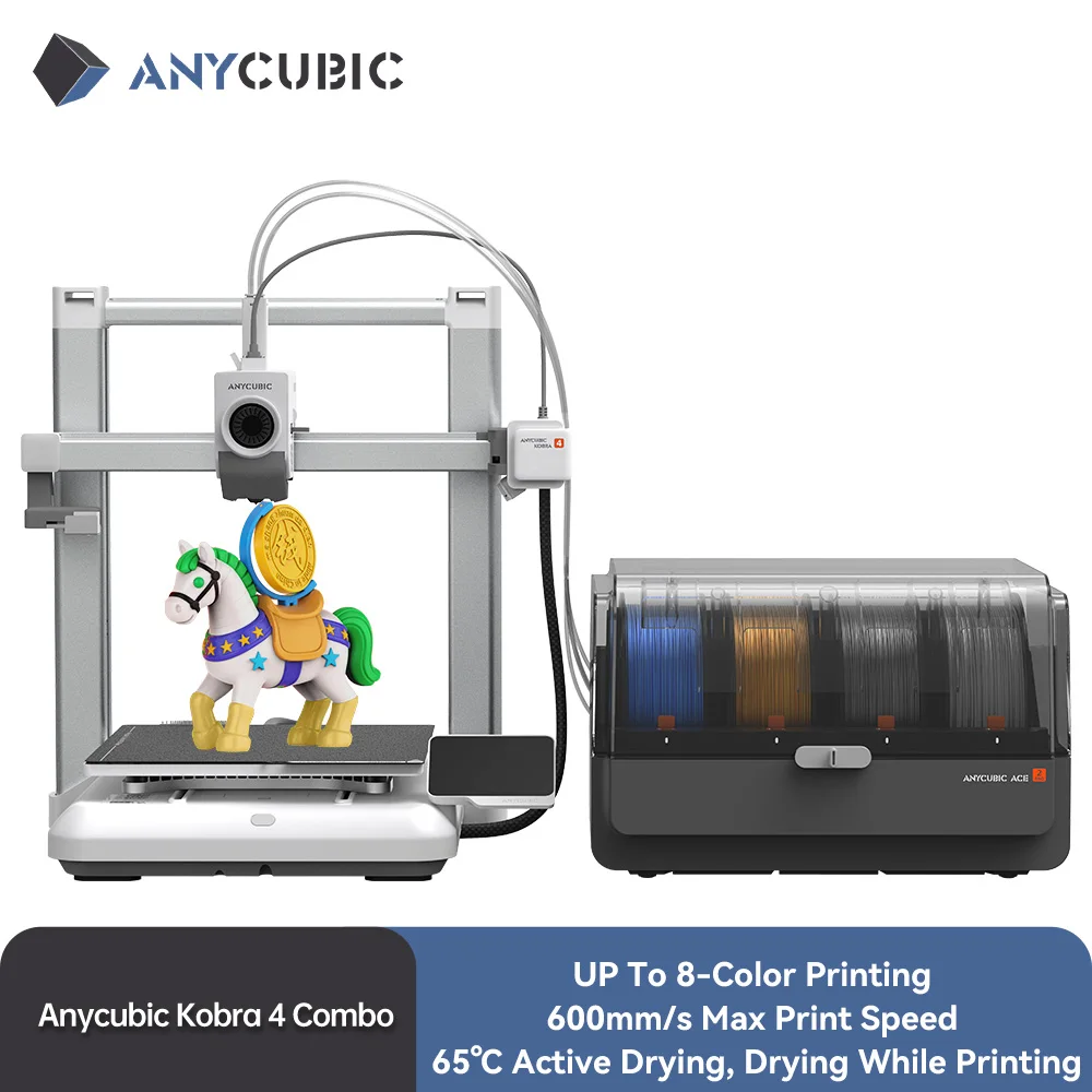 ANYCUBIC Kobra 4 Combo 600mm/s Fast Printing Multi-Color 3D Printer Up to 8 Colors ACE 2 Pro Filament Drying APP Control FDM 3D Printer