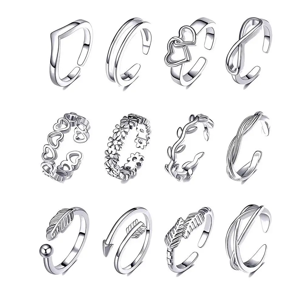 12pcs/set Summer Fashion Foot Leg Beach Geometric Open Barefoot Finger Rings Cute Heart Feather Toe Rings Women Jewelry