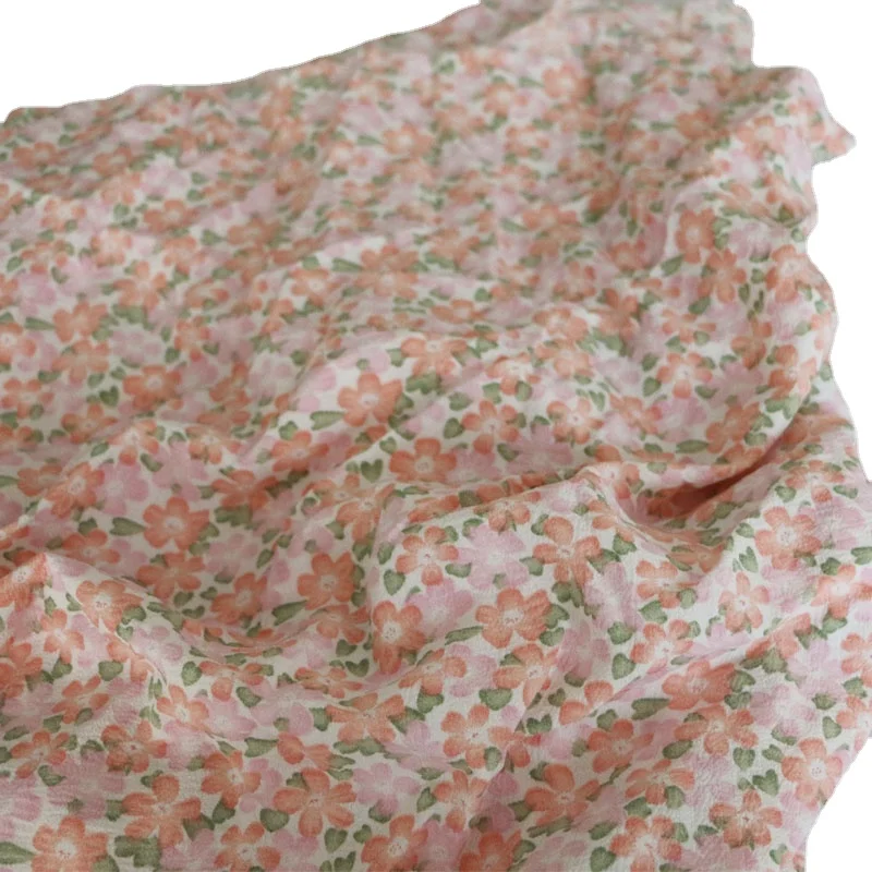 

Pink Peach Pink Flower Print Drape Cambric Chiffon Shirt Dress Cloth DIY