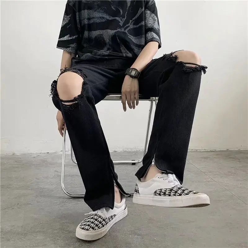 American Pants High Street Tide Hole Jeans Men's Design Sense Trousers Zipper Retro Washed Pants 2022 Clothing New