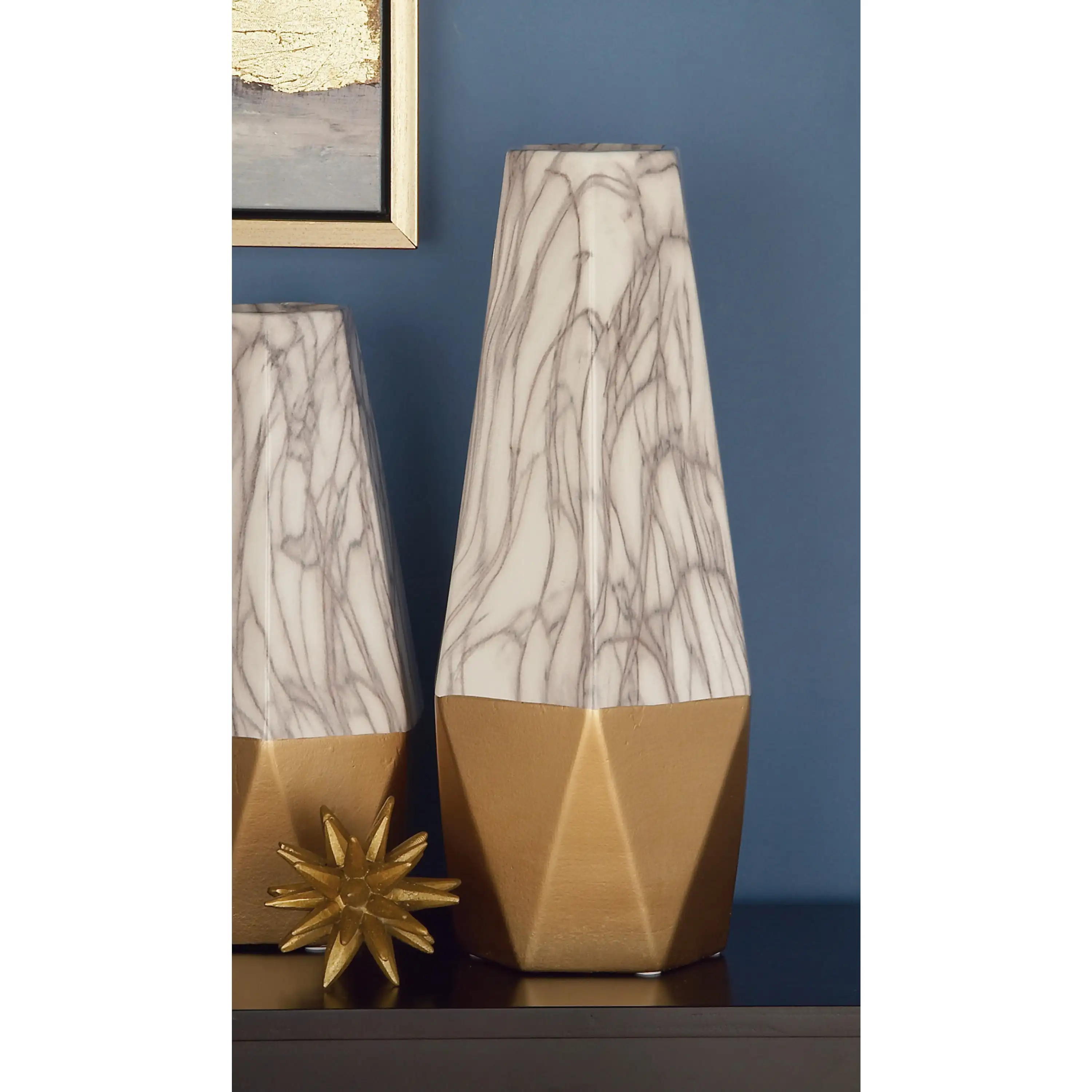

18" Faux Marble Gold Ceramic Vase with Gold Base