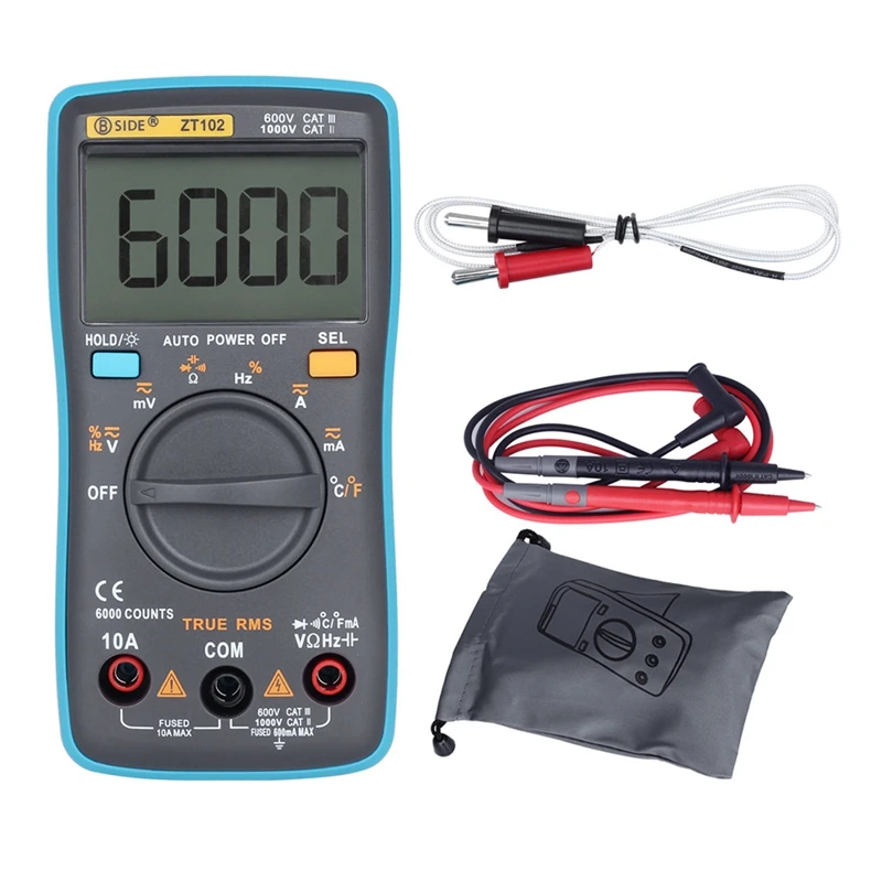 

BSIDE 1Set ZT102 Multimeter Digital Multimeter 6000 Counts AC/DC Voltage Current Tester Black&Blue
