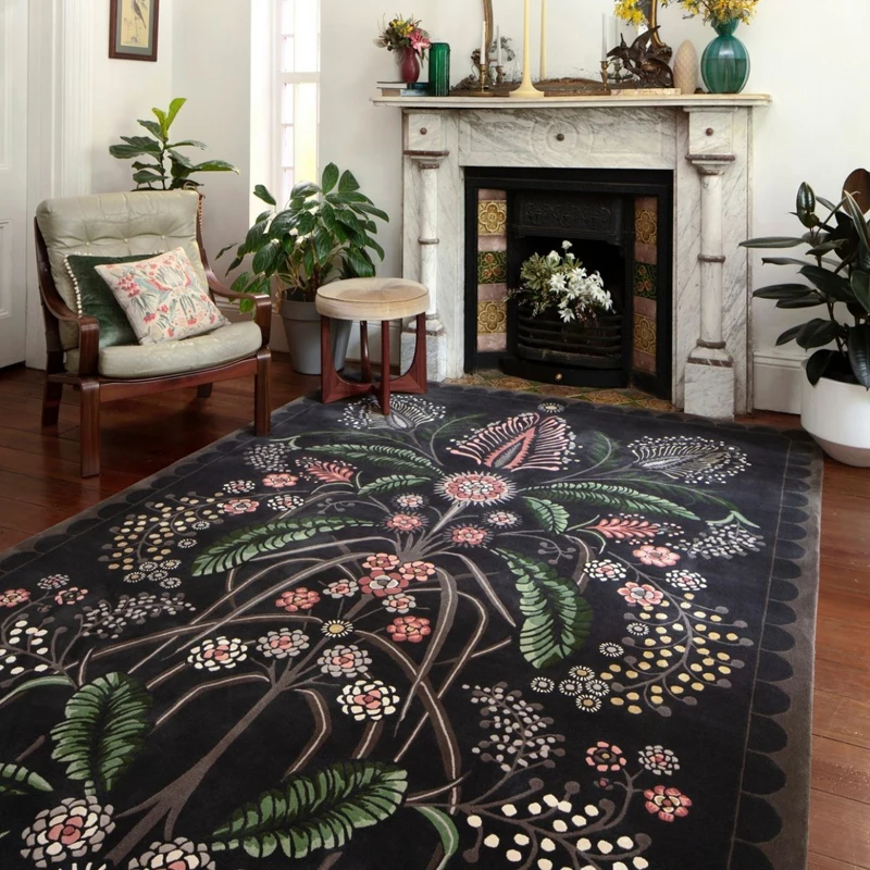 

Floor Mat Chemical Fiber Plant Flower Print Black Retro French Suitable for Living Room Carpet Nordic Ethnic Style European Home