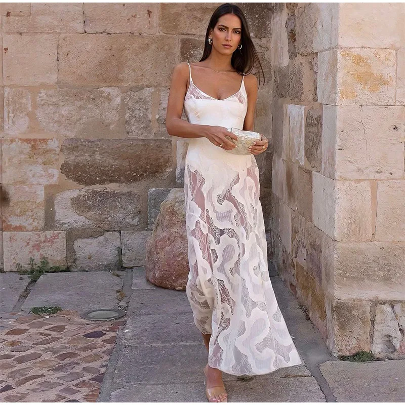 

Сексуальное прозрачное Сетчатое платье макси на бретелях, женское модное однотонное платье без рукавов с открытой спиной, повседневное вечернее женское платье