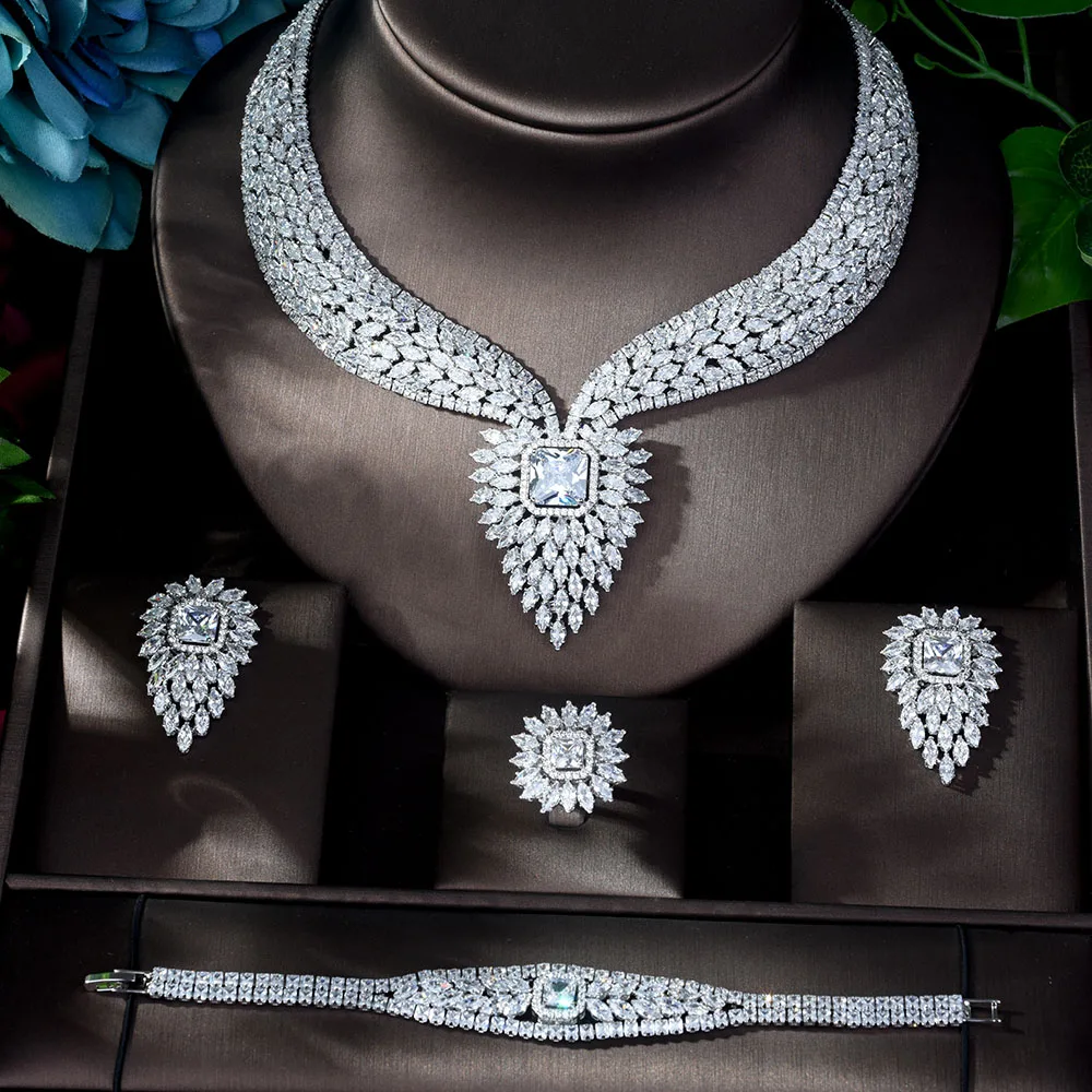 Fashion New White Color Fashion Top Quality Wedding Jewelry Sets AAA CZ Geometric Bridal Earrings Necklace Sets N-1141