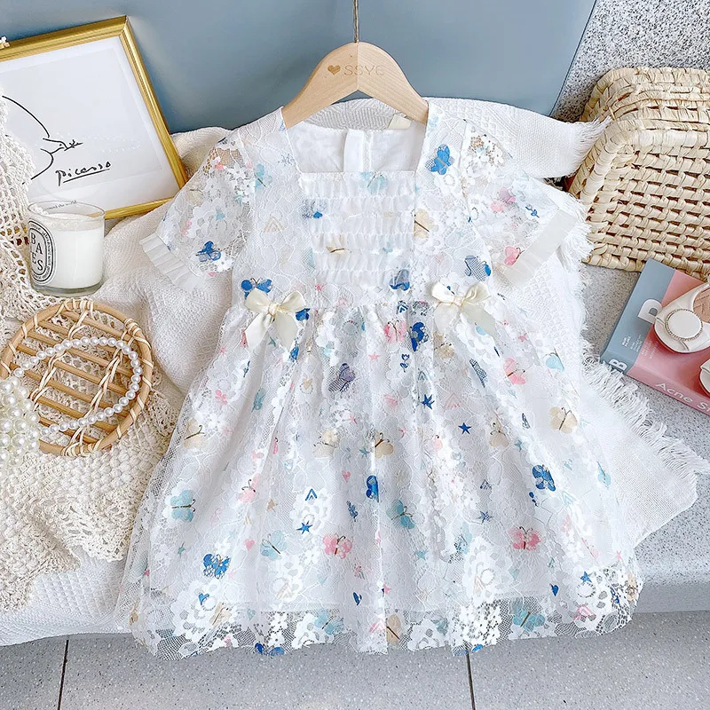 

Butterfly Print Costume Dresses for Girls Lace Short Sleeve Children Wedding Tutu Dress Ball Grown Party Princess Vestido Frocks