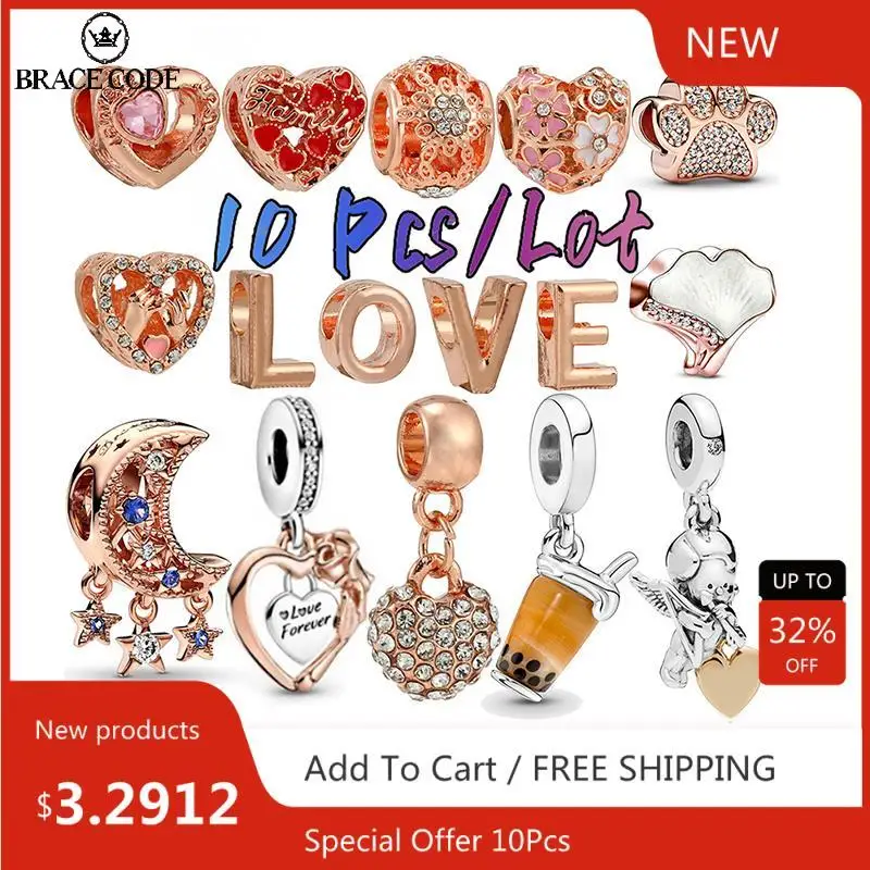 

10Pcs/Lot Rose Gold Series Beads Bow Heart-Shaped Beads Fit Original Brand Silver Color Bracelet Bead For Women Jewelry Making