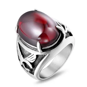 Black Red Agate Gemstones Tercel Cool Finger Bands Rings for Men Titanium Stainless Steel Bague Trendy Masculine Accessories New