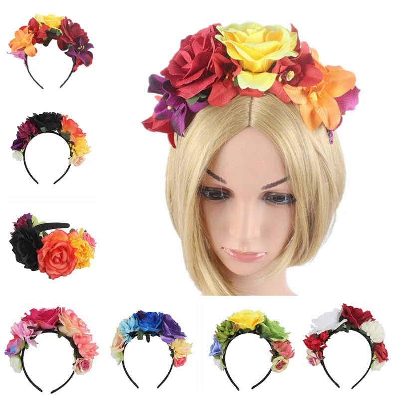 

Halloween Simulation Colorful Bloomy Rose Flower Headband Fairy Mexican Crown Cosplay Day of The Dead Headpiece Party Hair Hoop