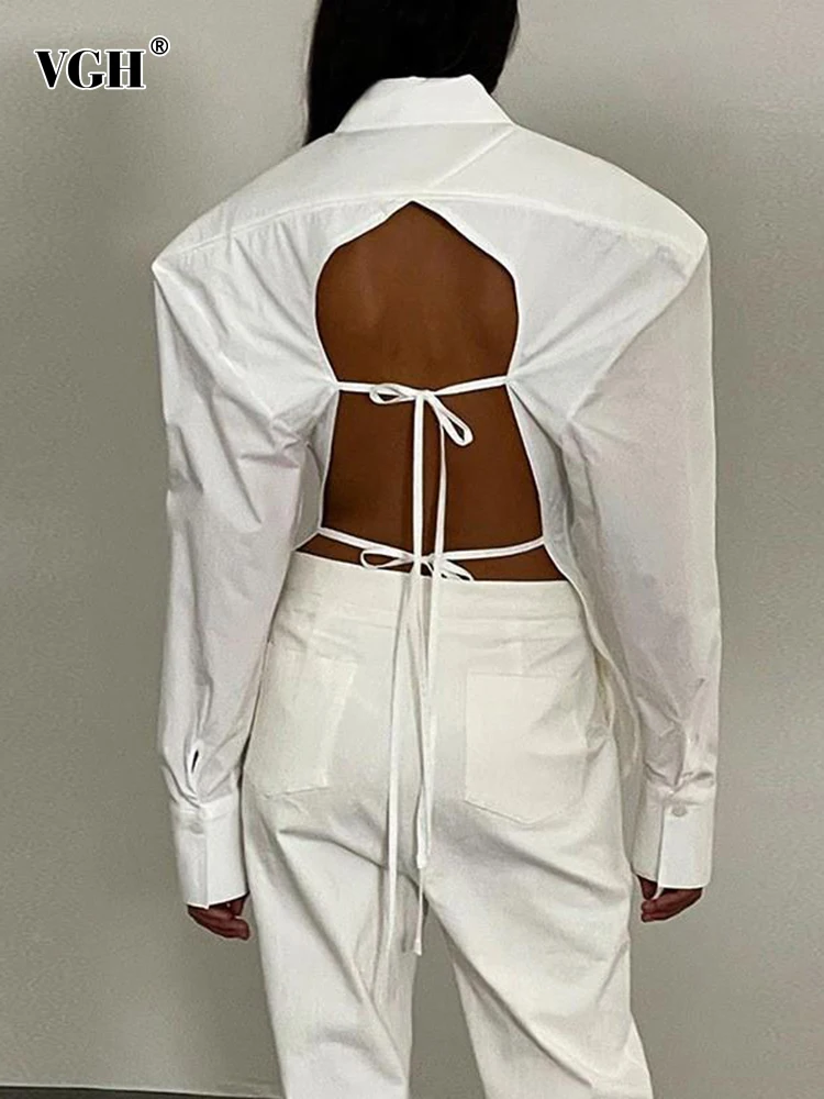 

Женская Однотонная рубашка VGH, белая блузка с отложным воротником, длинным рукавом, открытой спиной и шнуровкой в стиле пэчворк, модная одеж...