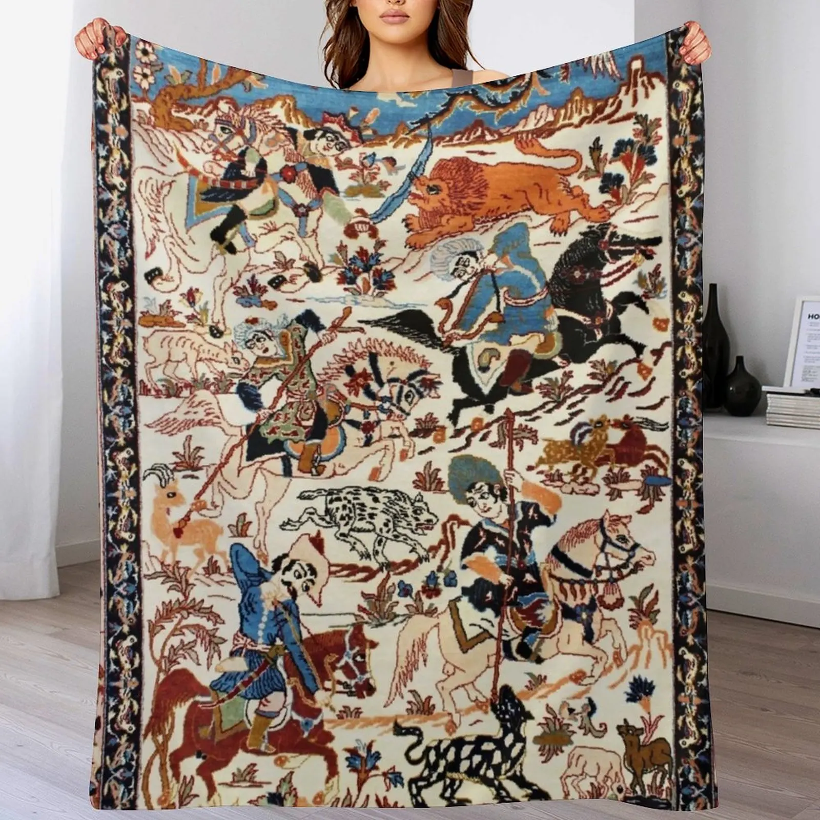 Синий антикварный персидский шелковый ковер Isfahan с цветами и животным принтом