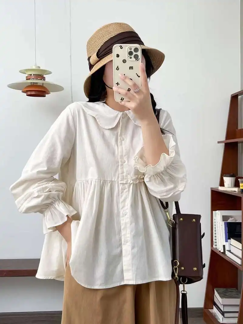 Одежда Mori kei японские однотонные рубашки и блузки с длинными рукавами-фонариками