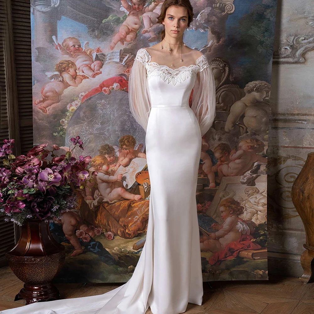 

Classic Bride Gowns O-Neck Full Sleeves Zipper Wedding Dress For Women Lace Applique Court Train Satin Trumpet Vestidos De Noiva