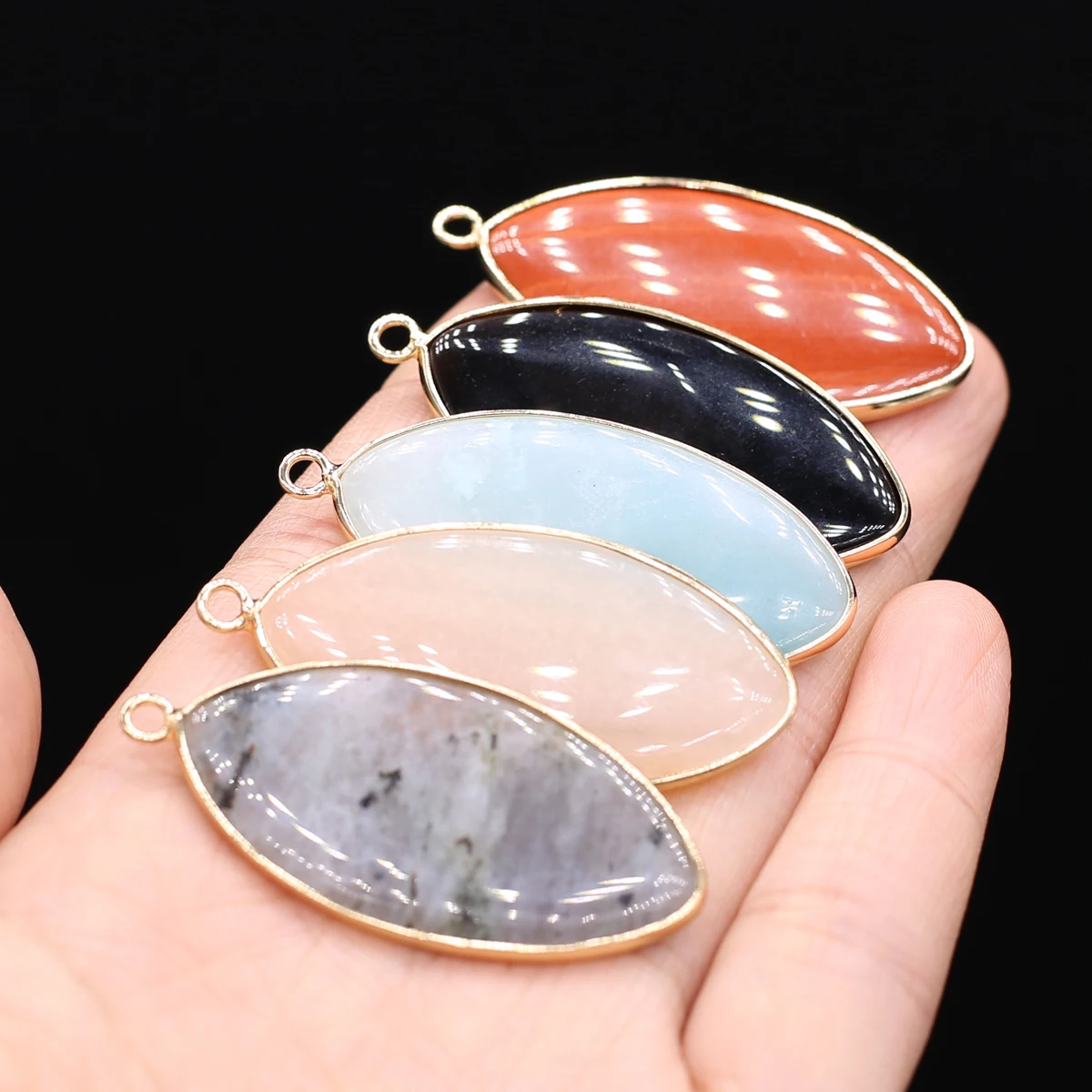 

Natural Stone Pendant Charms Oval Shape Natural Flash Labradorites Pink Aventurines Pendant for Making DIY Jewerly Necklace